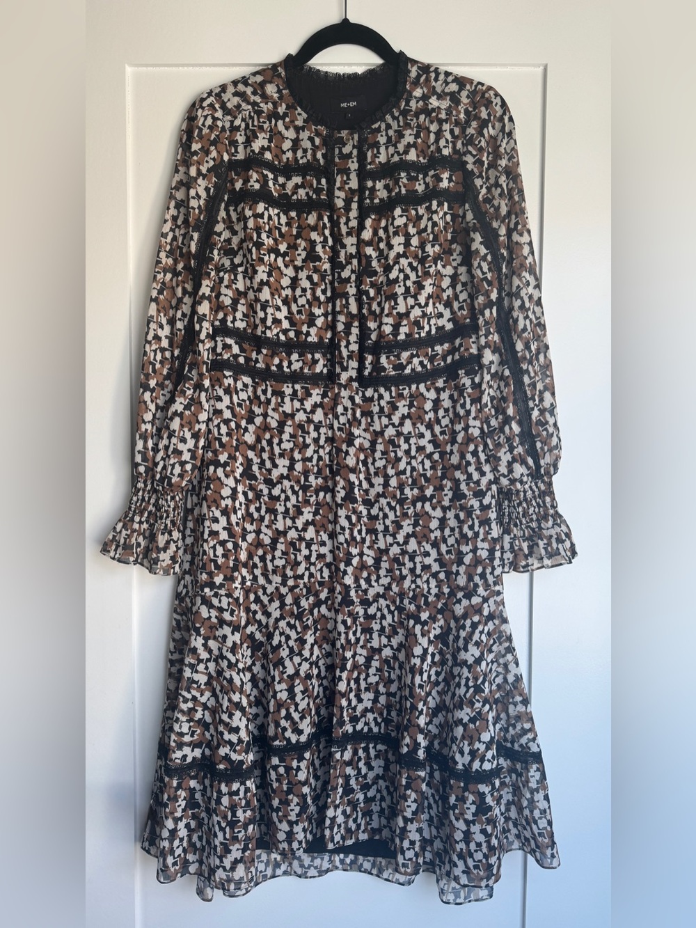 ME+EM Abstract Print Lace Trim Midi Dress UK 8 US 4 - 6 Brown Black Cream